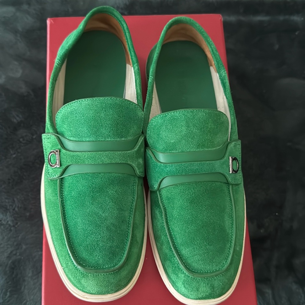 Salvatore Ferragamo Green Suede Penny Loafers